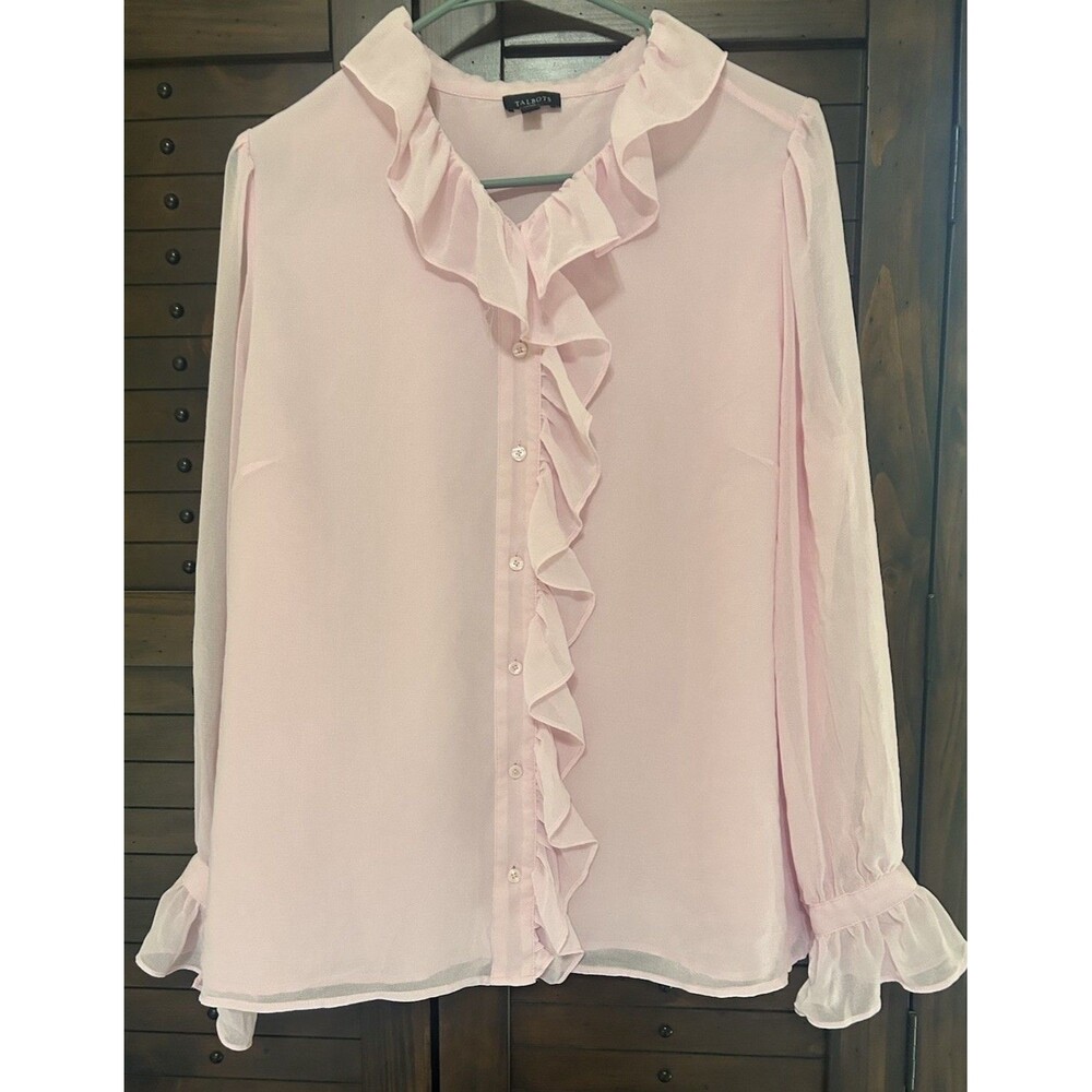 Talbots Women’s Large Pink Ruffle Blouse Button Down Sheer Sleeves Career Party